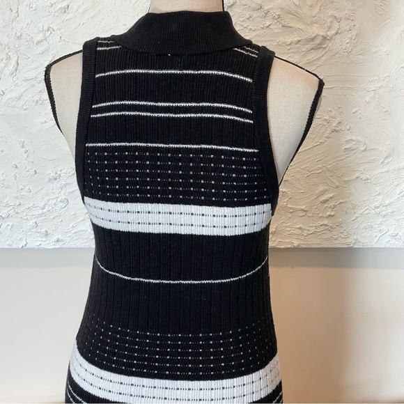MOTH Midi Knit Dress Velda Asymmetric Stripe Mock Neck Black White Cutaway Wrap - Picture 7 of 9